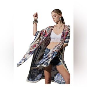Floral Boho Kimono Duster in Cream with Multicolor Print